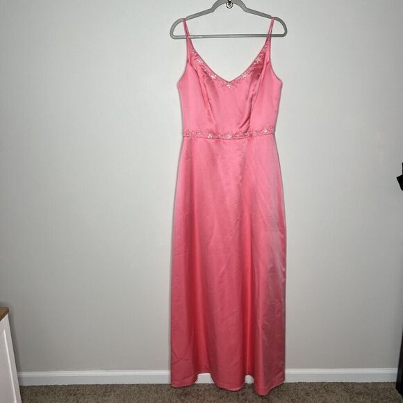 Da Vinci Dress Womens 14 Pink Satin Gown Embellished Long Formal Fairy V Neck - Picture 16 of 16